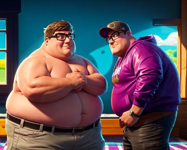 Shirtless animated character and one in purple hoodie indoors.