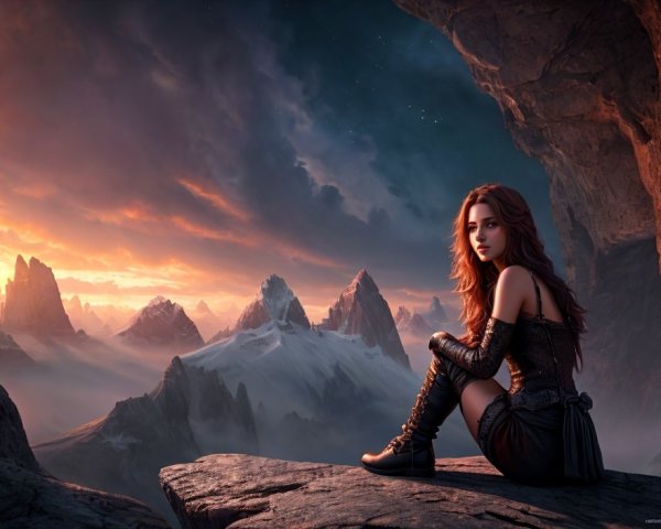 Digital Artwork of Woman on Cliff at Sunset