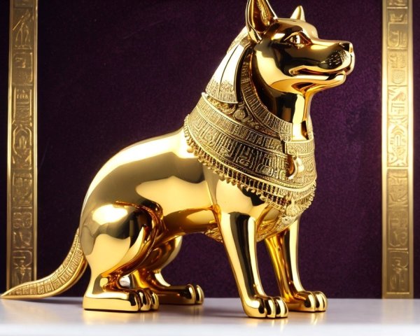 Gold Dog Statue with Egyptian Collar and Hieroglyphs