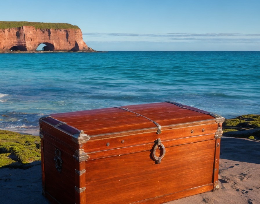 Vintage Wooden Chest on Sandy Beach with Blue Sea and Rock Formation