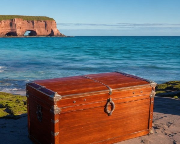 Vintage Wooden Chest on Sandy Beach with Blue Sea and Rock Formation