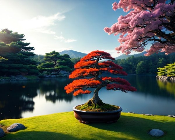 Red foliage bonsai tree against serene lake, greenery, mountain.