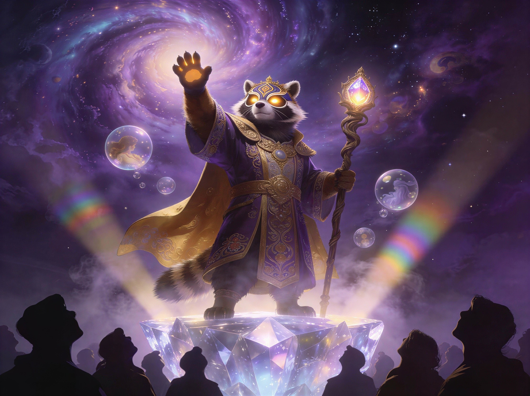 Majestic Raccoon in Wizard's Robe on Amethyst Stage