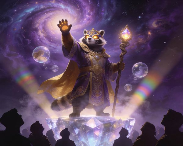 Majestic Raccoon in Wizard's Robe on Amethyst Stage