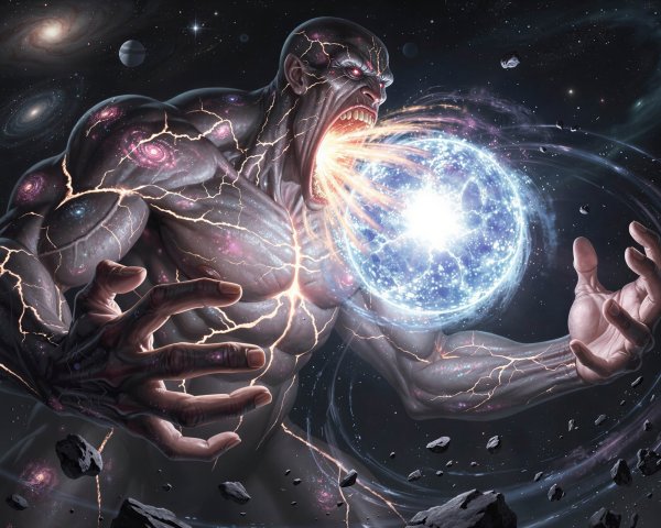 Cosmic Entity with Glowing Cracks and Blue Energy Sphere