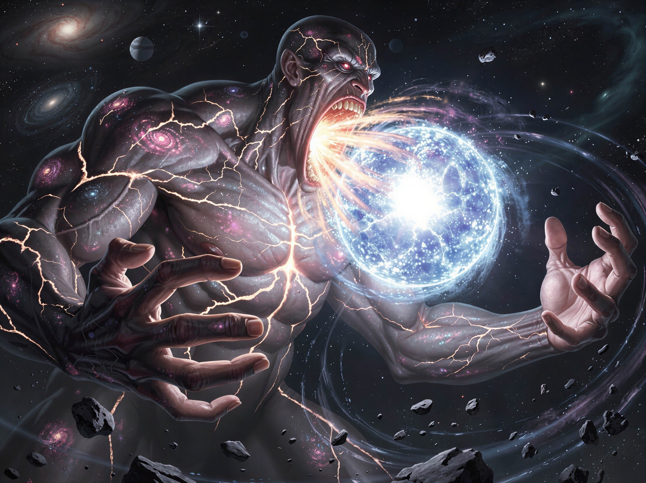 Cosmic Entity with Glowing Cracks and Blue Energy Sphere