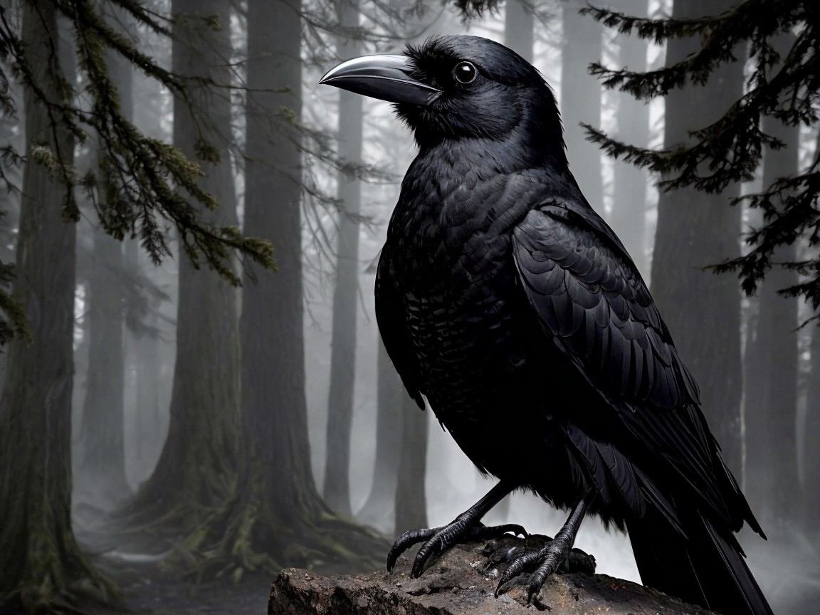Black Raven on Mossy Log in Misty Forest Setting