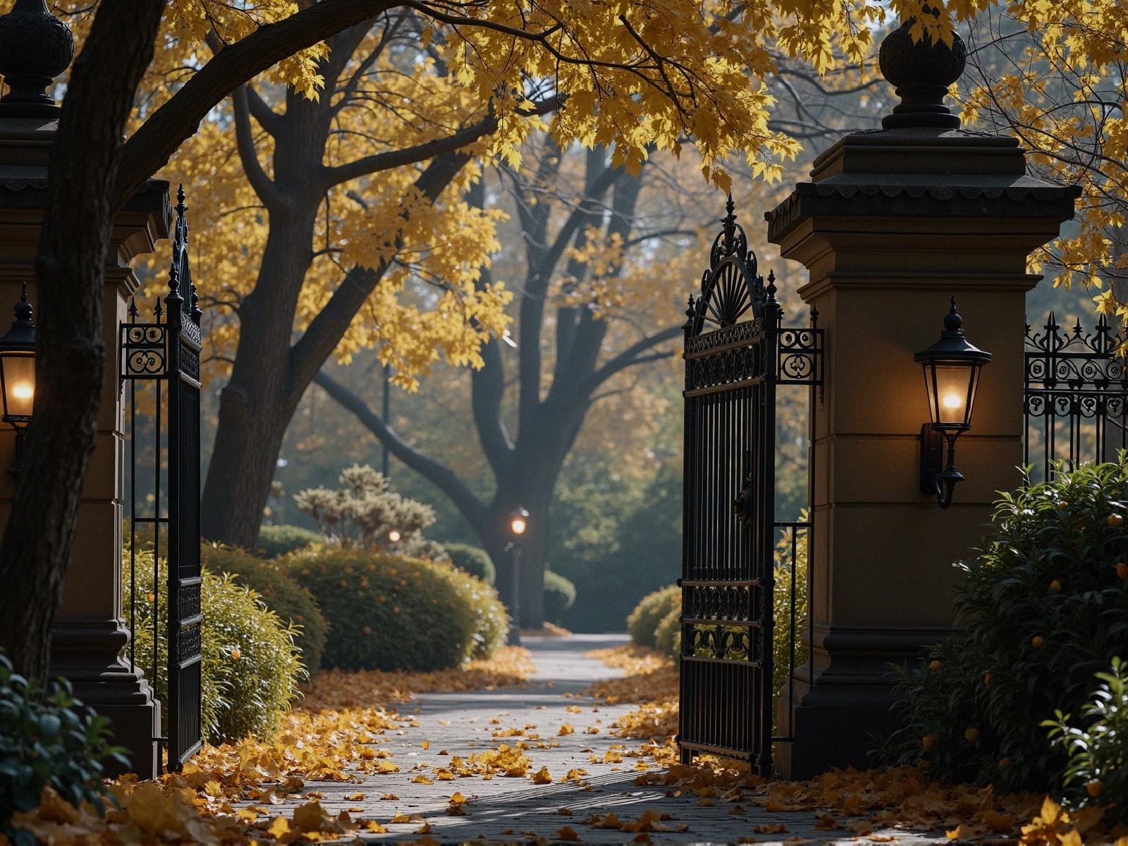 Serene Autumn Pathway with Wrought-Iron Gates