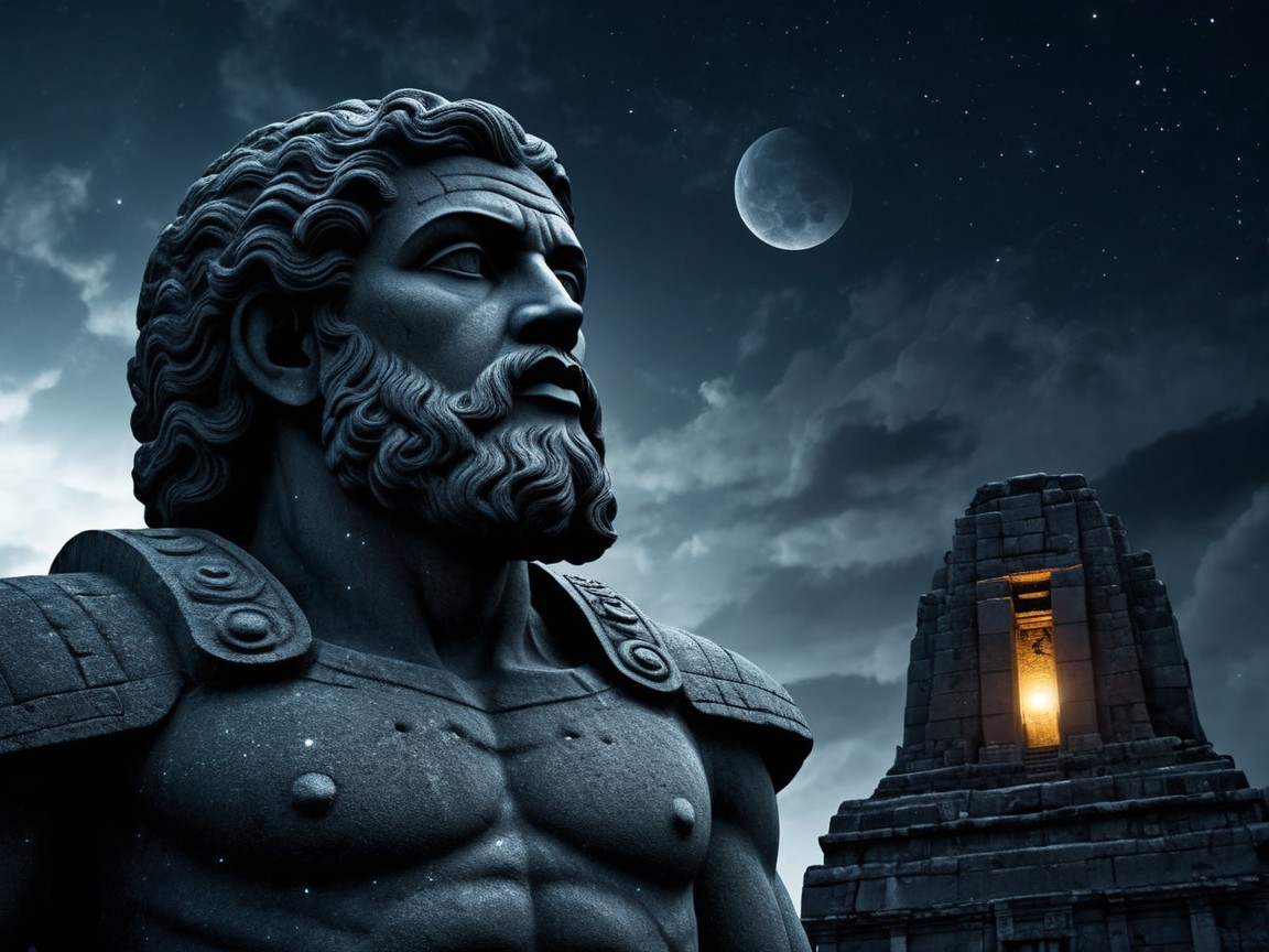 Statue of a muscular figure against a nighttime sky