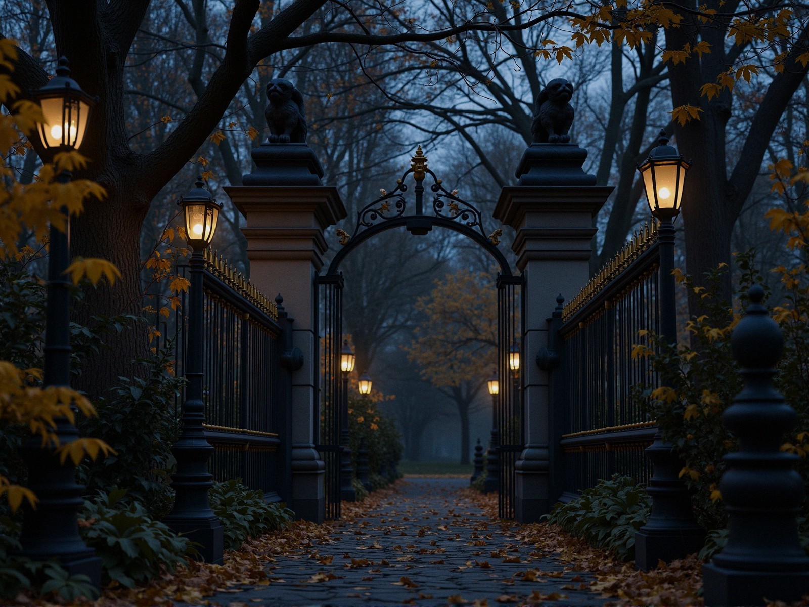 Dimly Lit Pathway Through Ornate Iron Gate and Statues