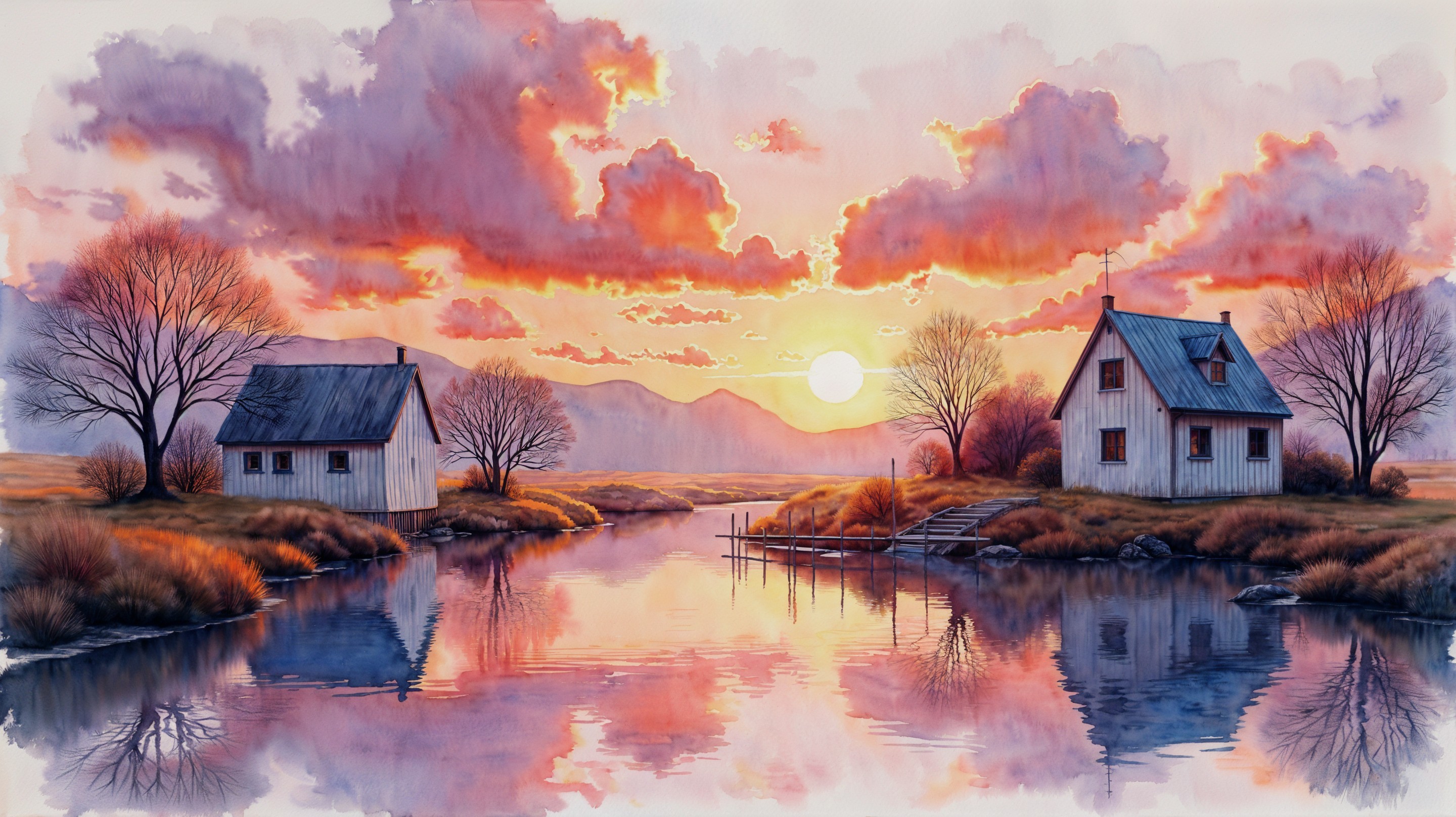 Serene sunset landscape with white houses and river