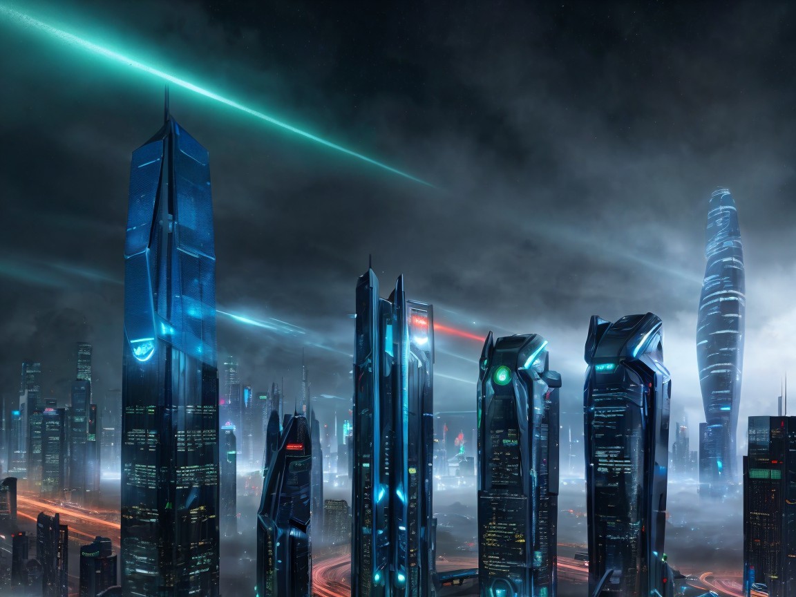 Futuristic cityscape with illuminated skyscrapers and lights