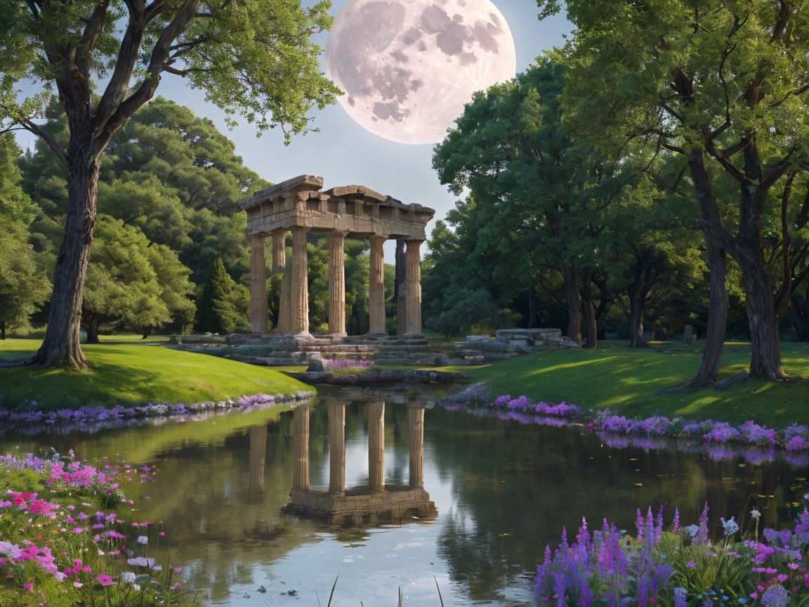 Serene Landscape with Classical Structure and Moonlight