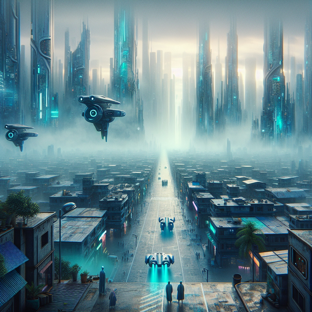 Futuristic cityscape with skyscrapers and drones