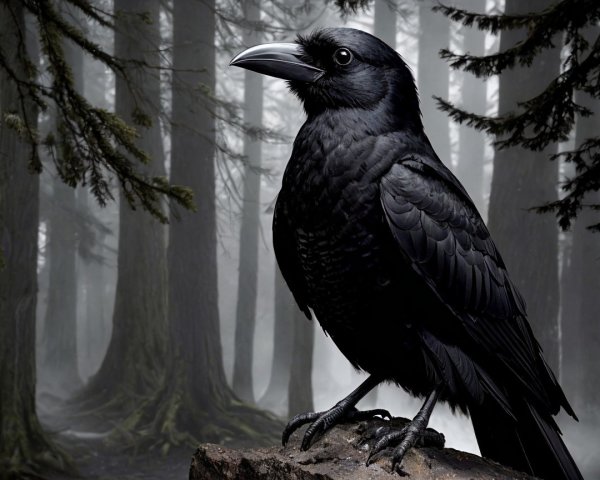 Black Raven on Mossy Log in Misty Forest Setting