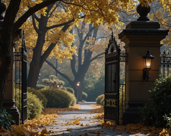 Serene Autumn Pathway with Wrought-Iron Gates