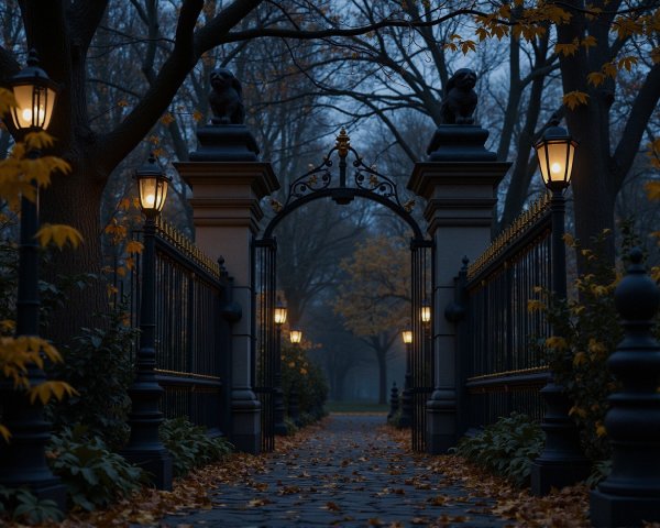 Dimly Lit Pathway Through Ornate Iron Gate and Statues