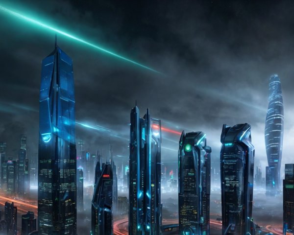 Futuristic cityscape with illuminated skyscrapers and lights