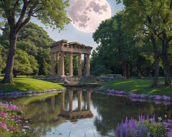 Serene Landscape with Classical Structure and Moonlight