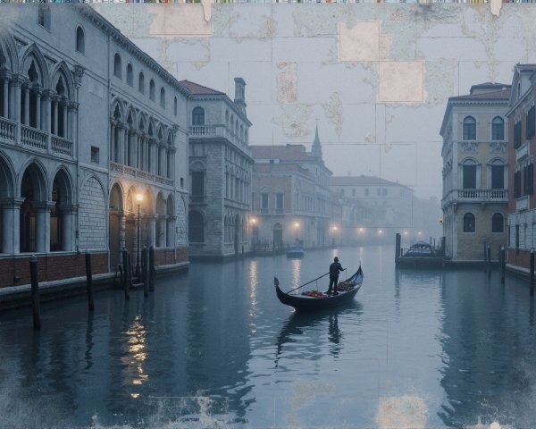 Gondolier on a misty canal in Venice at dusk