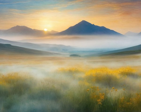 Breathtaking Sunrise over Misty Field and Wildflowers
