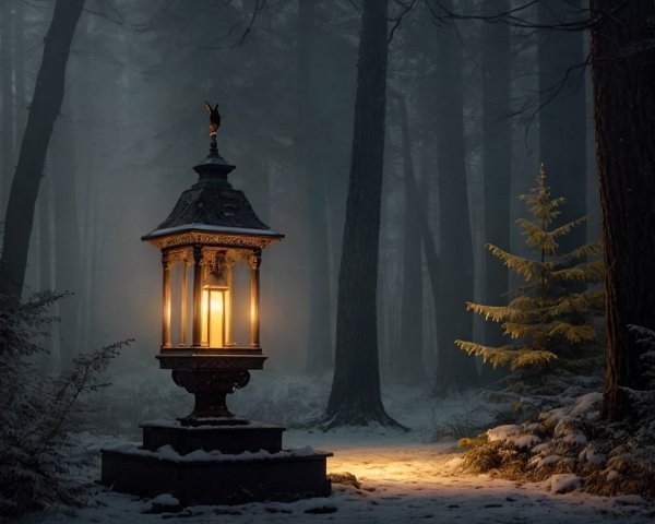 Vintage Lantern in Misty Snowy Forest Scene