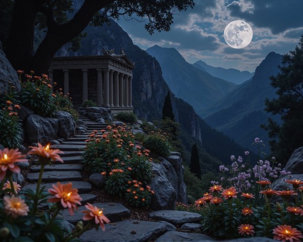 Serene landscape with moonlit mountains and temple