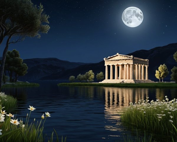 Serene Night Scene with Temple and Mountain Reflection