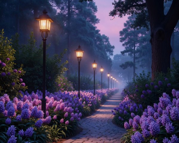 Serene Evening Path Through a Flowering Forest