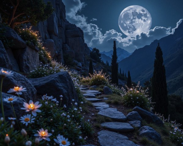 Serene Moonlit Pathway in Rocky Landscape