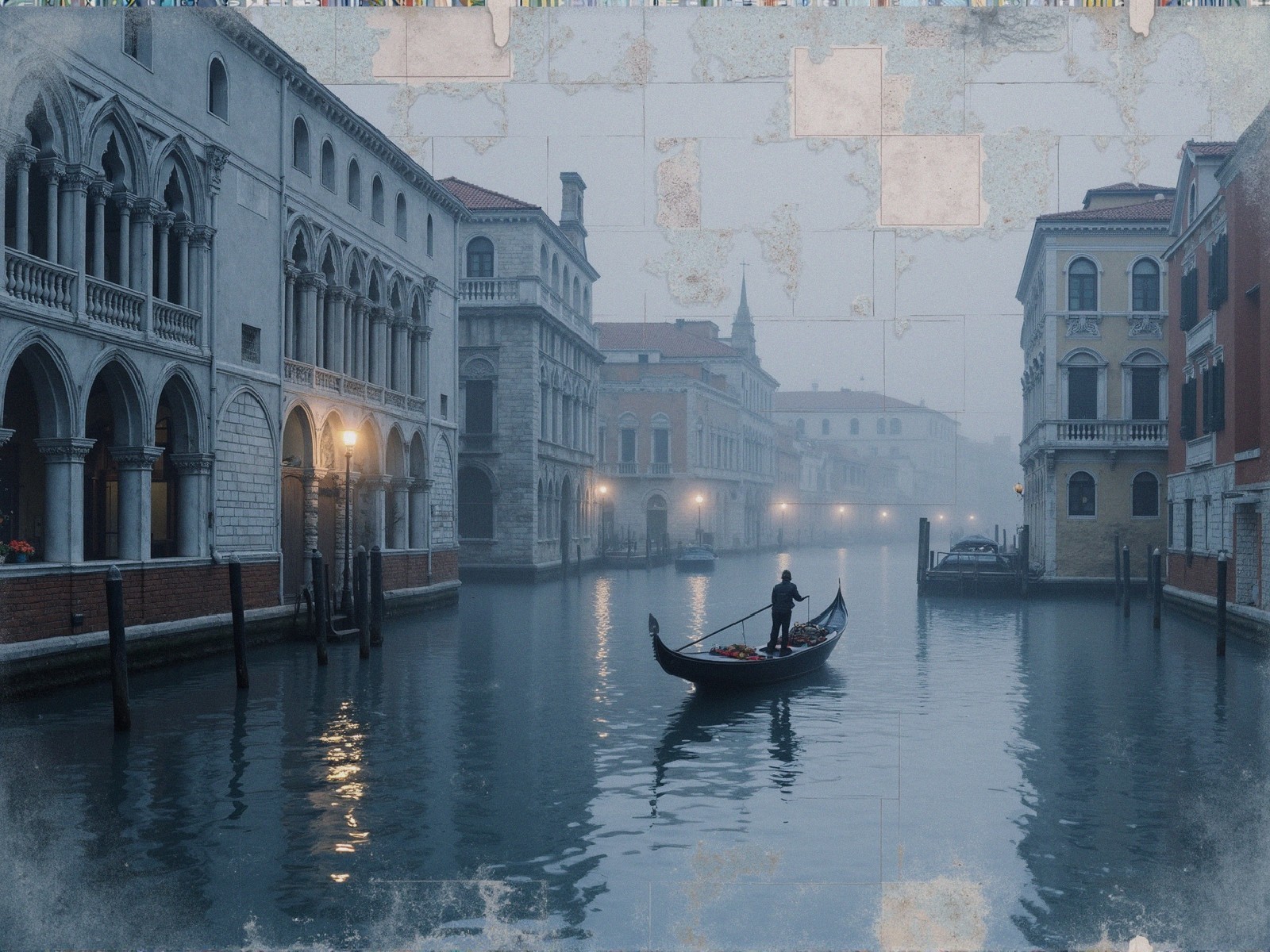 Gondolier on a misty canal in Venice at dusk