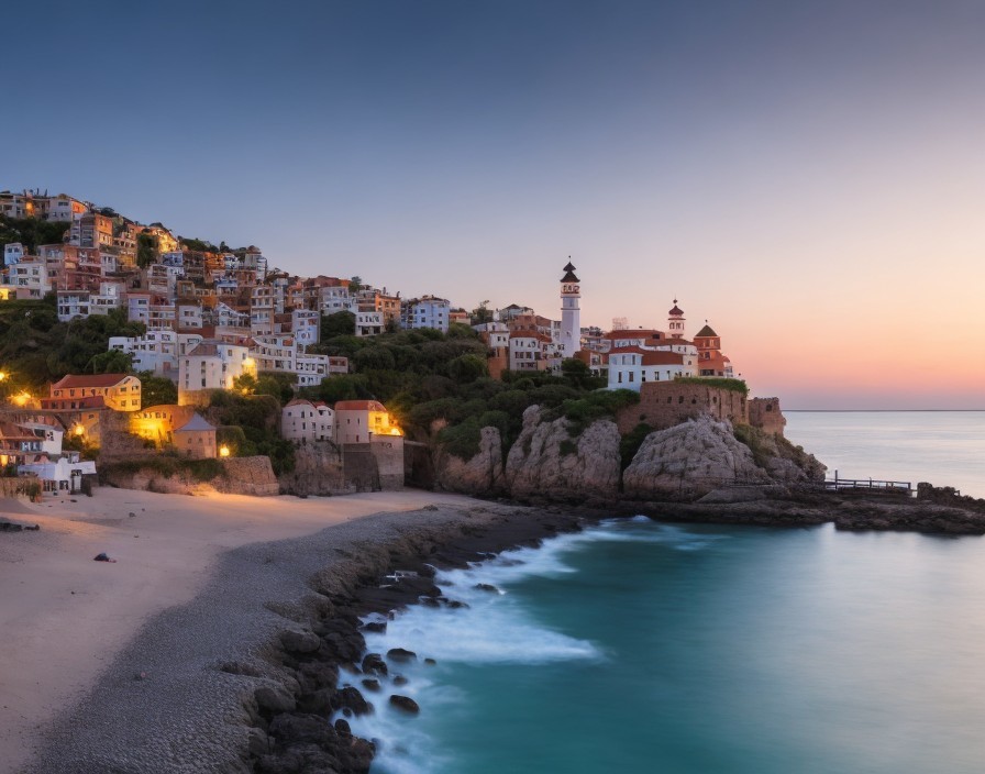 Twilight Coastal Town with Terraced Houses and Beach