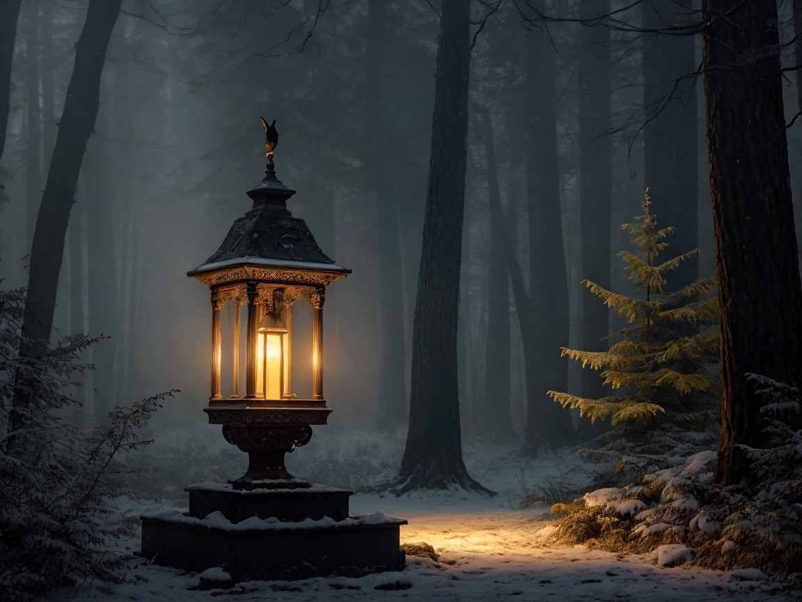 Vintage Lantern in Misty Snowy Forest Scene