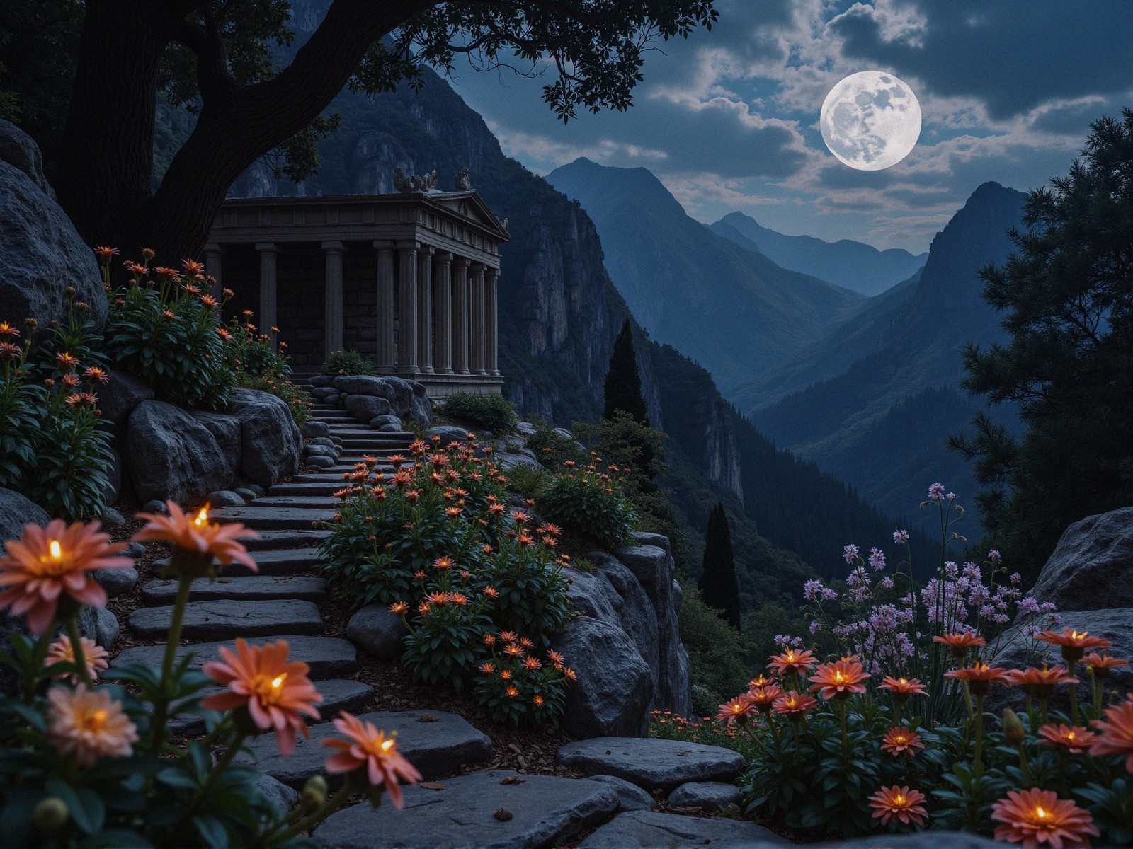 Serene landscape with moonlit mountains and temple