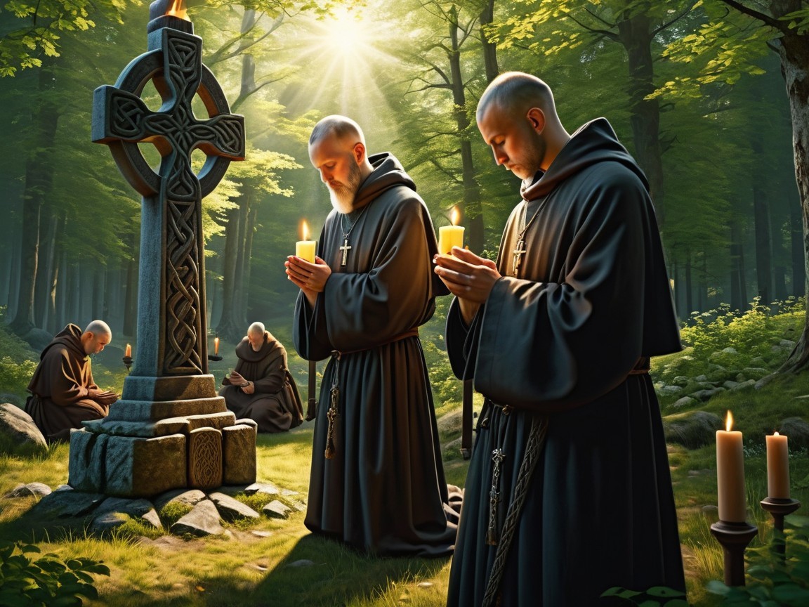 Monks Praying by a Carved Stone Cross in Forest