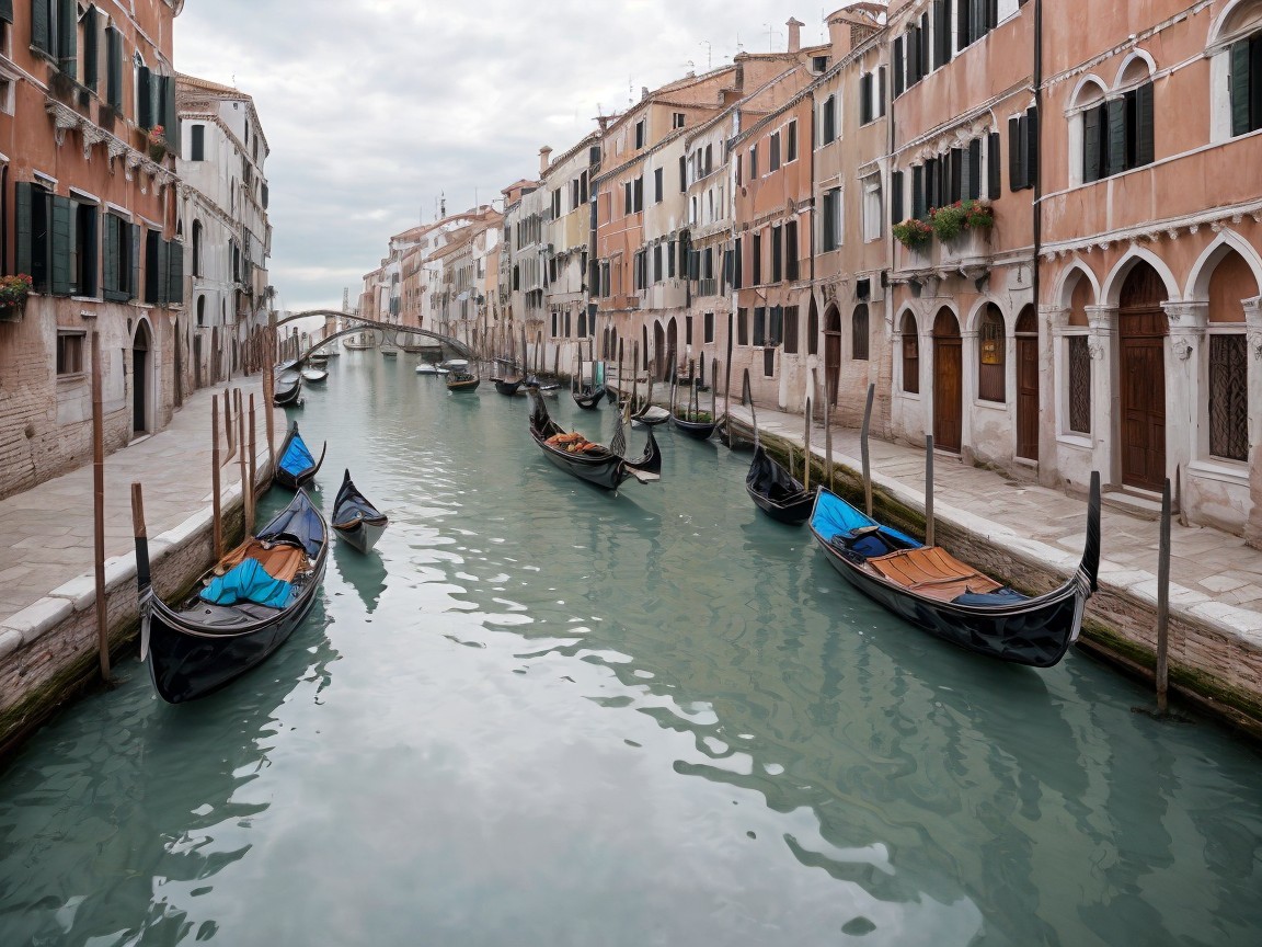 Venetian Canal with Colorful Buildings and Gondolas