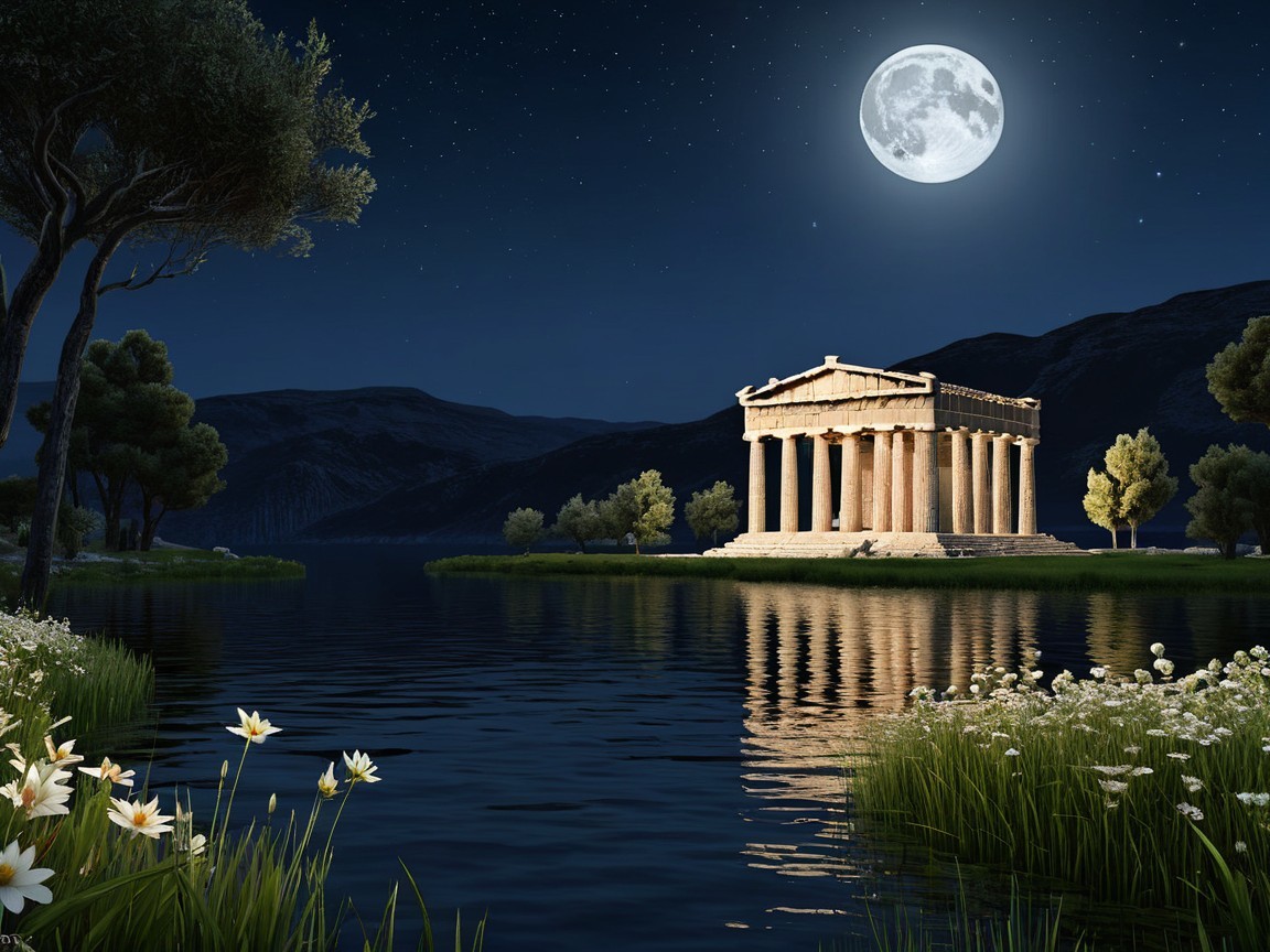 Serene Night Scene with Temple and Mountain Reflection