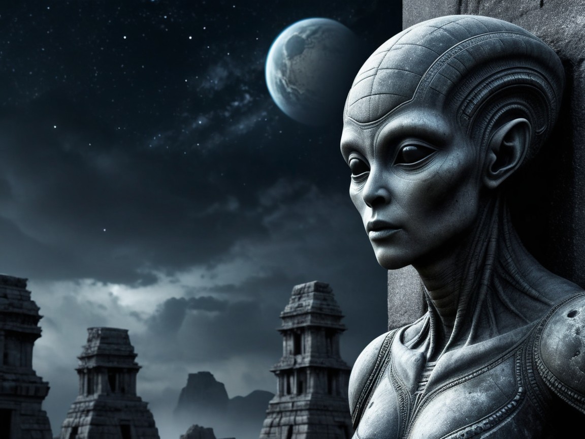 Futuristic alien figure with stone structures and sky