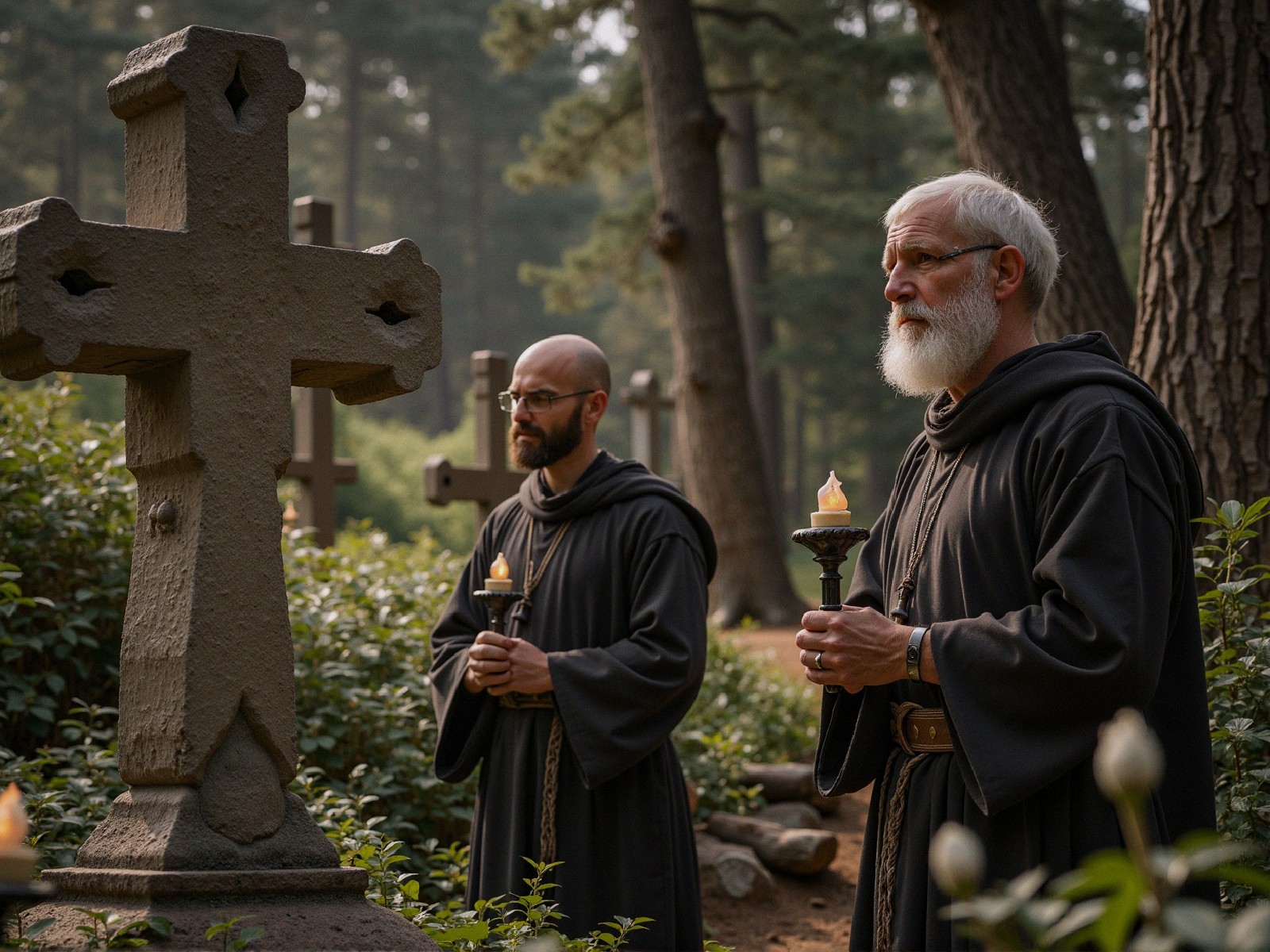 Monks in a serene graveyard with candles and a cross