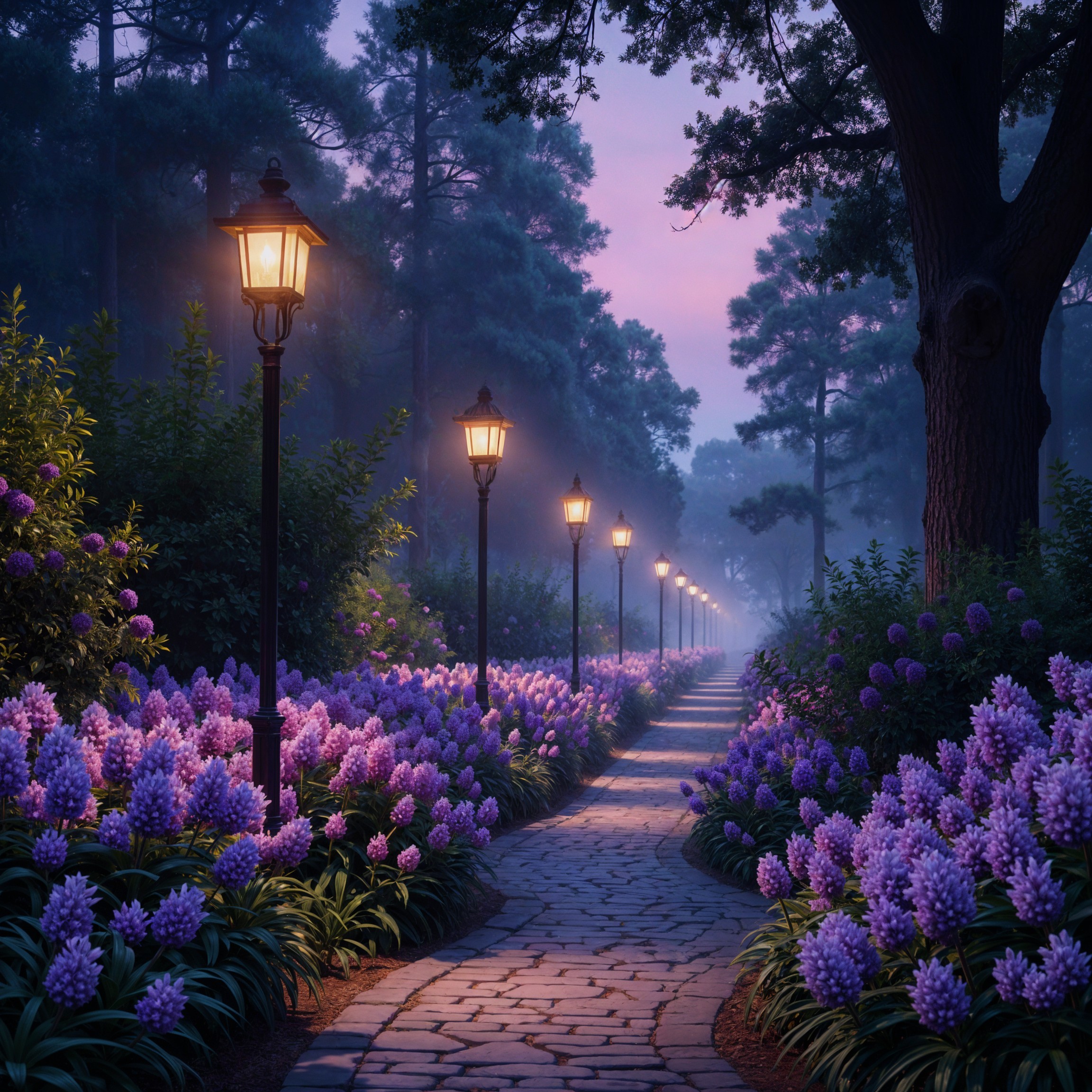 Serene Evening Path Through a Flowering Forest