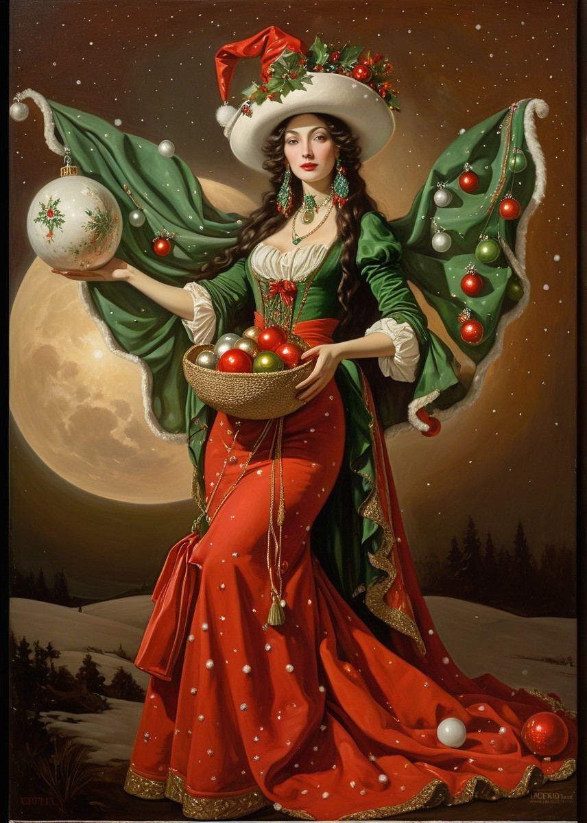 Regal Woman in Festive Red Gown Against Full Moon