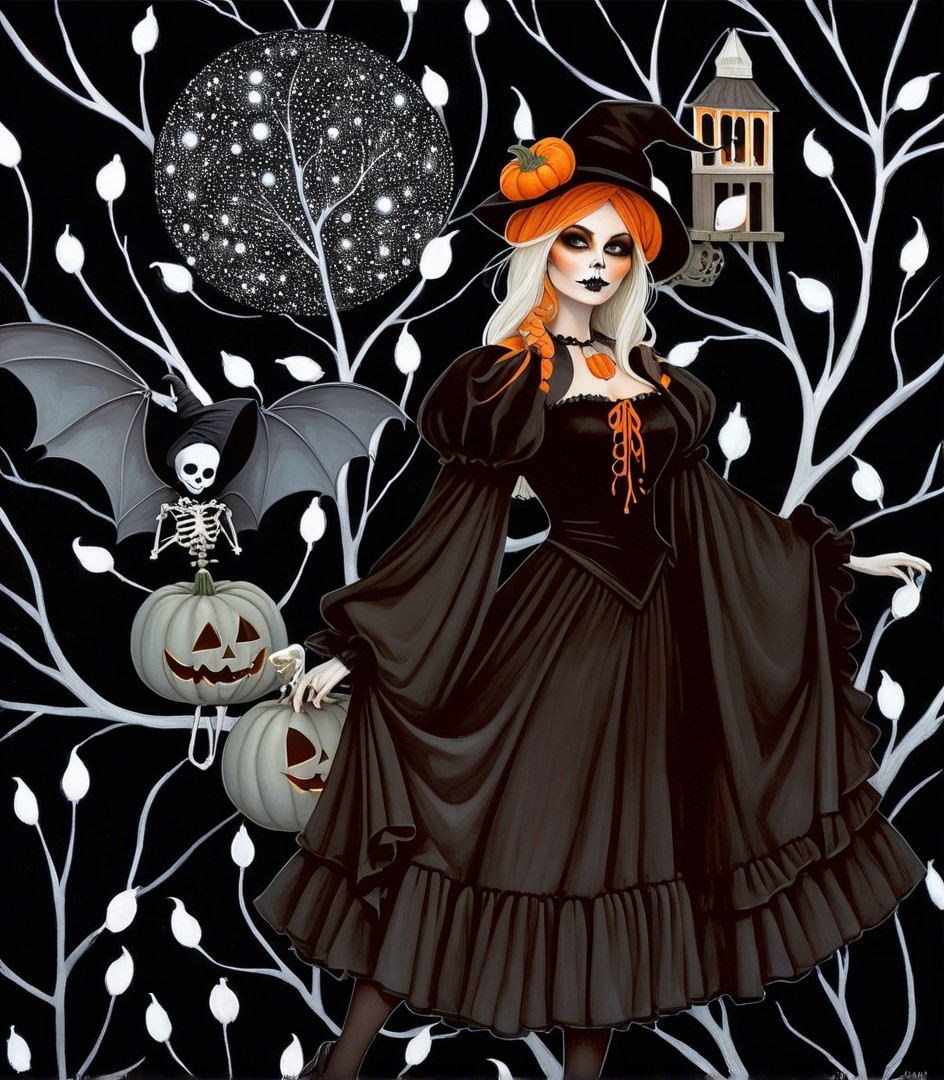 Stylish Witch with Pumpkin Hat in Halloween Scene