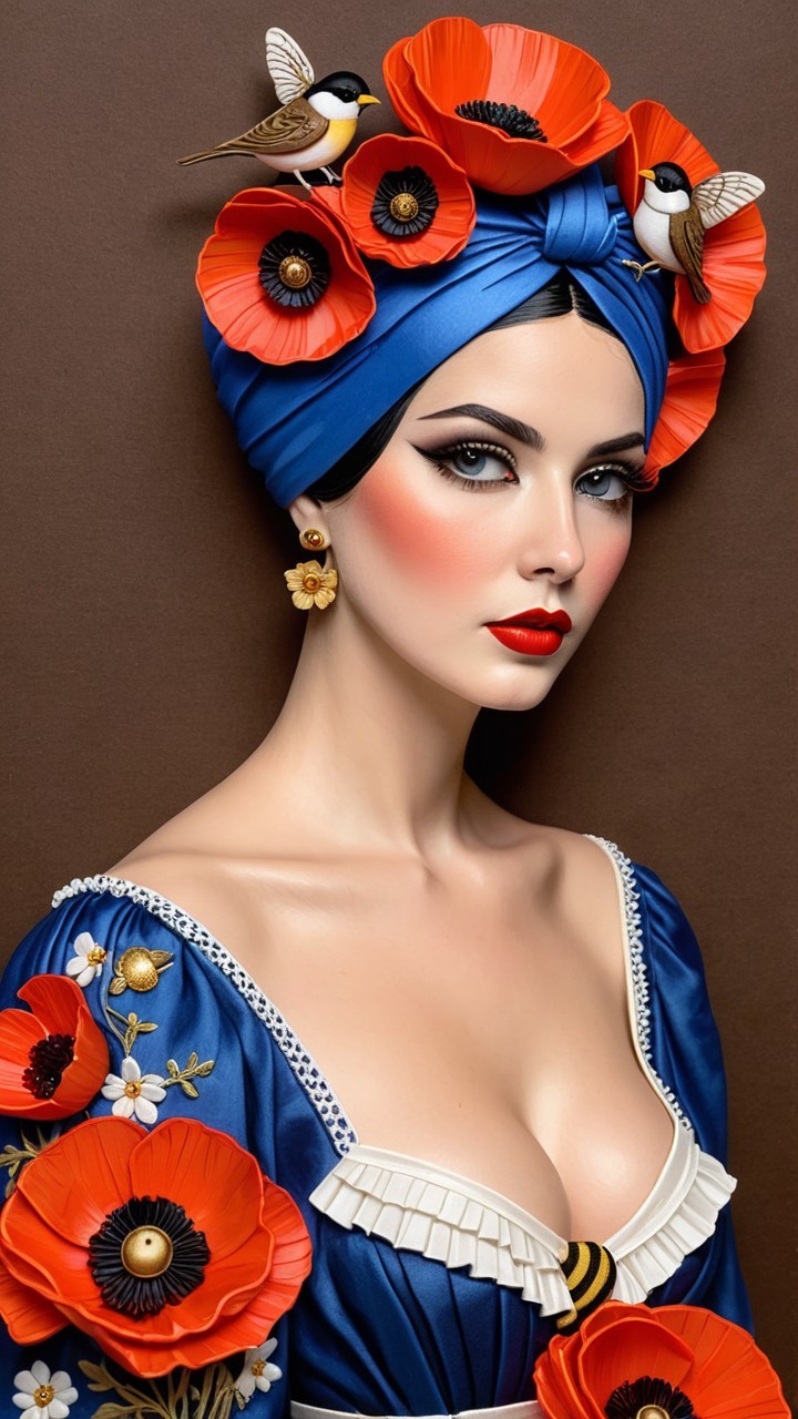 Portrait of a Woman in Blue Headscarf with Floral Details