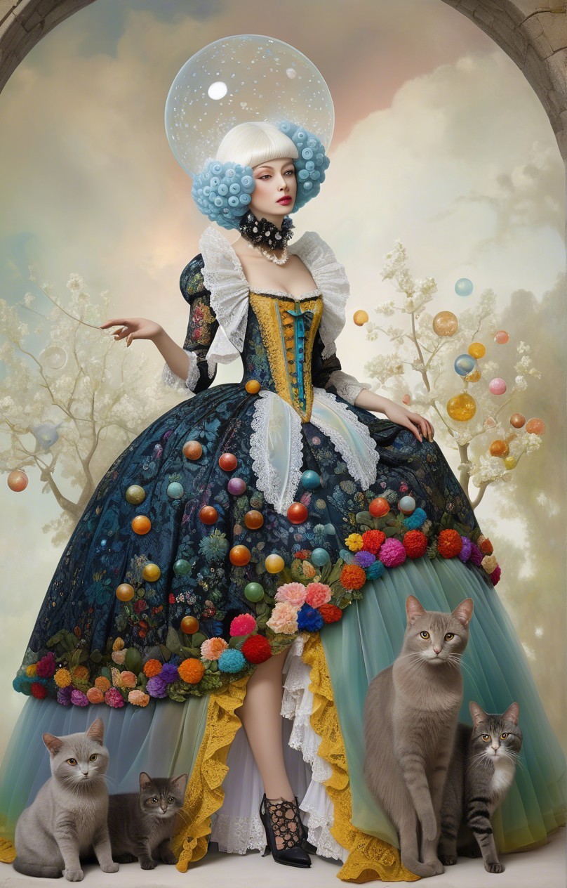 Regal Figure in Floral Gown Surrounded by Cats
