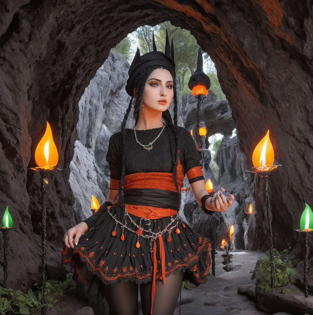 Mysterious Figure in Dim Cave with Glowing Lanterns