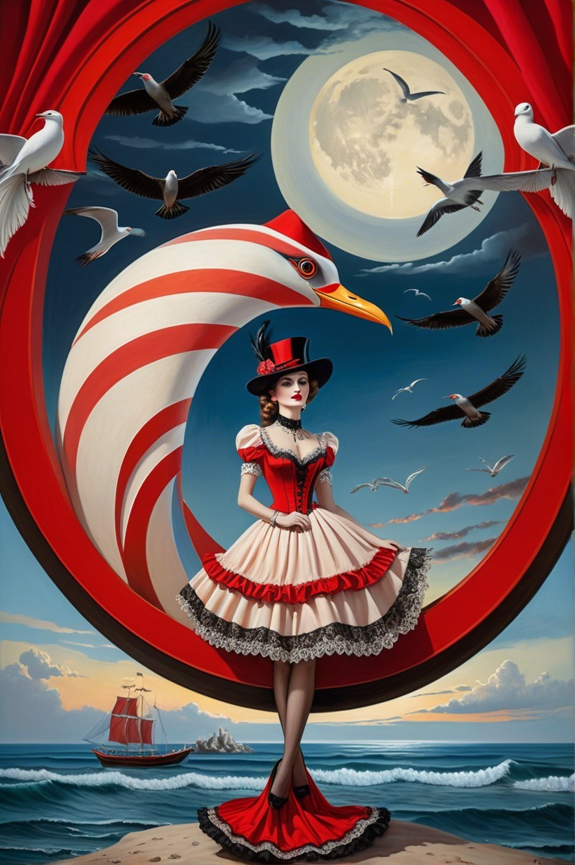 Surreal Scene with Central Figure in Red and White Gown