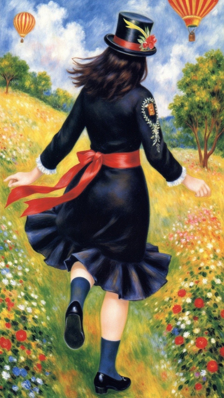 Young Woman in Black Dress Skipping in Colorful Meadow