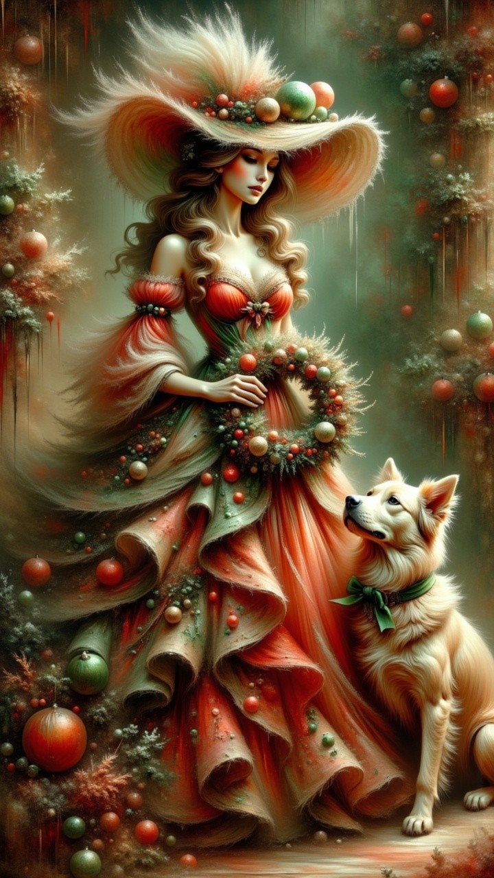 Woman in festive dress with wreath and decorated hat