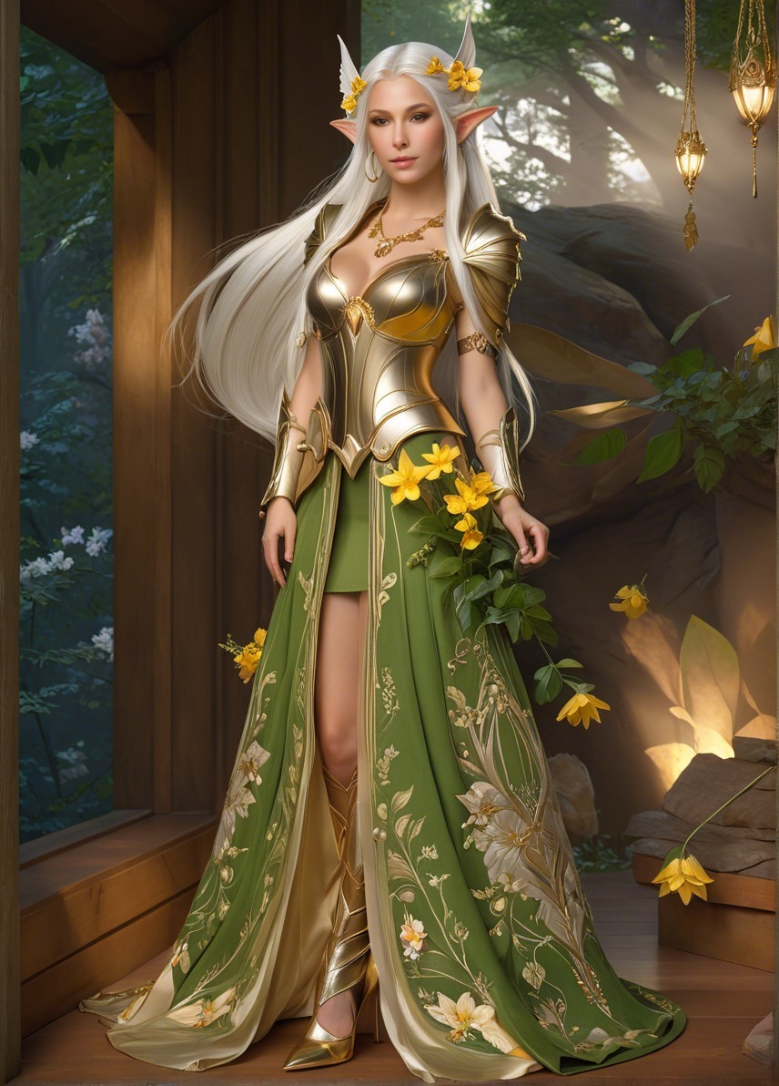 Elf in Golden Armor Surrounded by Nature's Beauty
