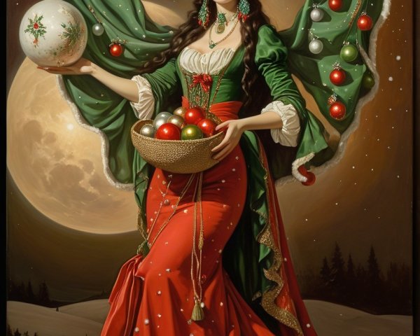 Regal Woman in Festive Red Gown Against Full Moon